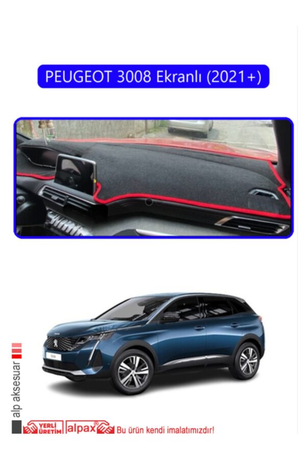 Peugeot 3008 Ekranlı 2021 Torpido Koruma Halısı - Mavi Kenar