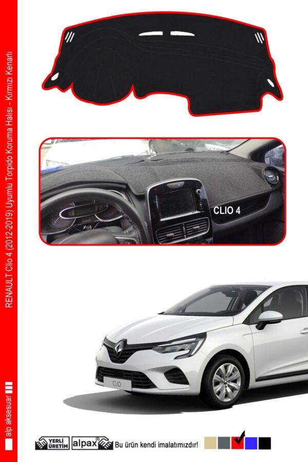 Renault Clio 4 (2012-2019) Uyumlu Torpido Koruma Halısı - Kırmızı Kenarlı