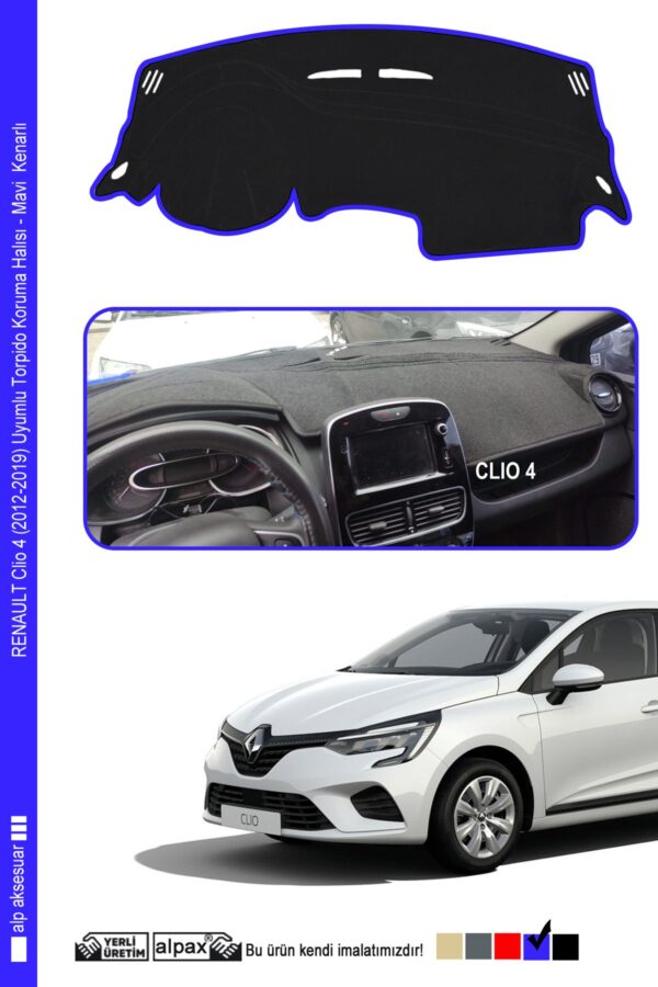 Renault Clio 4 (2012-2019) Uyumlu Torpido Koruma Halısı - Mavi Kenarlı